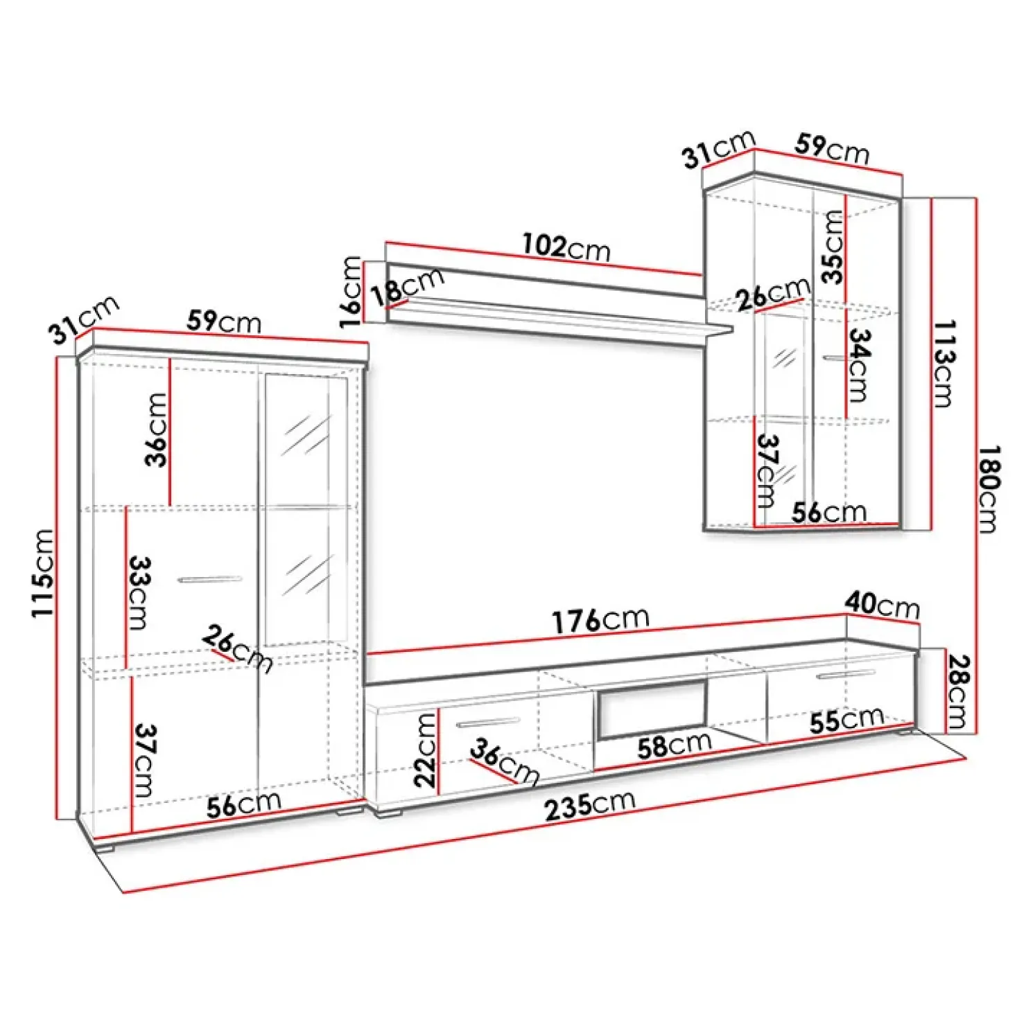 Garnero Arredamenti Parete attrezzata con vetrina 235x180h cm bianco nero Leeds New