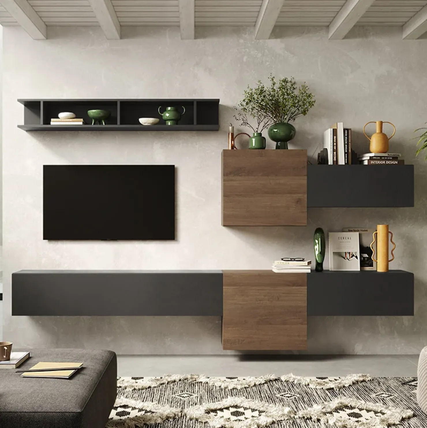 Garnero Arredamenti Parete attrezzata sospesa 262x190h cm rovere scuro ossido nero Sunset 22 Ossido - Noce Discount