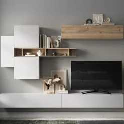 Garnero Arredamenti Parete attrezzata sospesa 276x190h cm moderna bianco lucido rovere chiaro Sunset 44 Rovere - Bianco Lucido Outlet