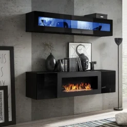 Garnero Arredamenti Parete attrezzata sospesa 160x150h cm con biocamino nero e vetrina N Gihome® Nero Lucido Sale