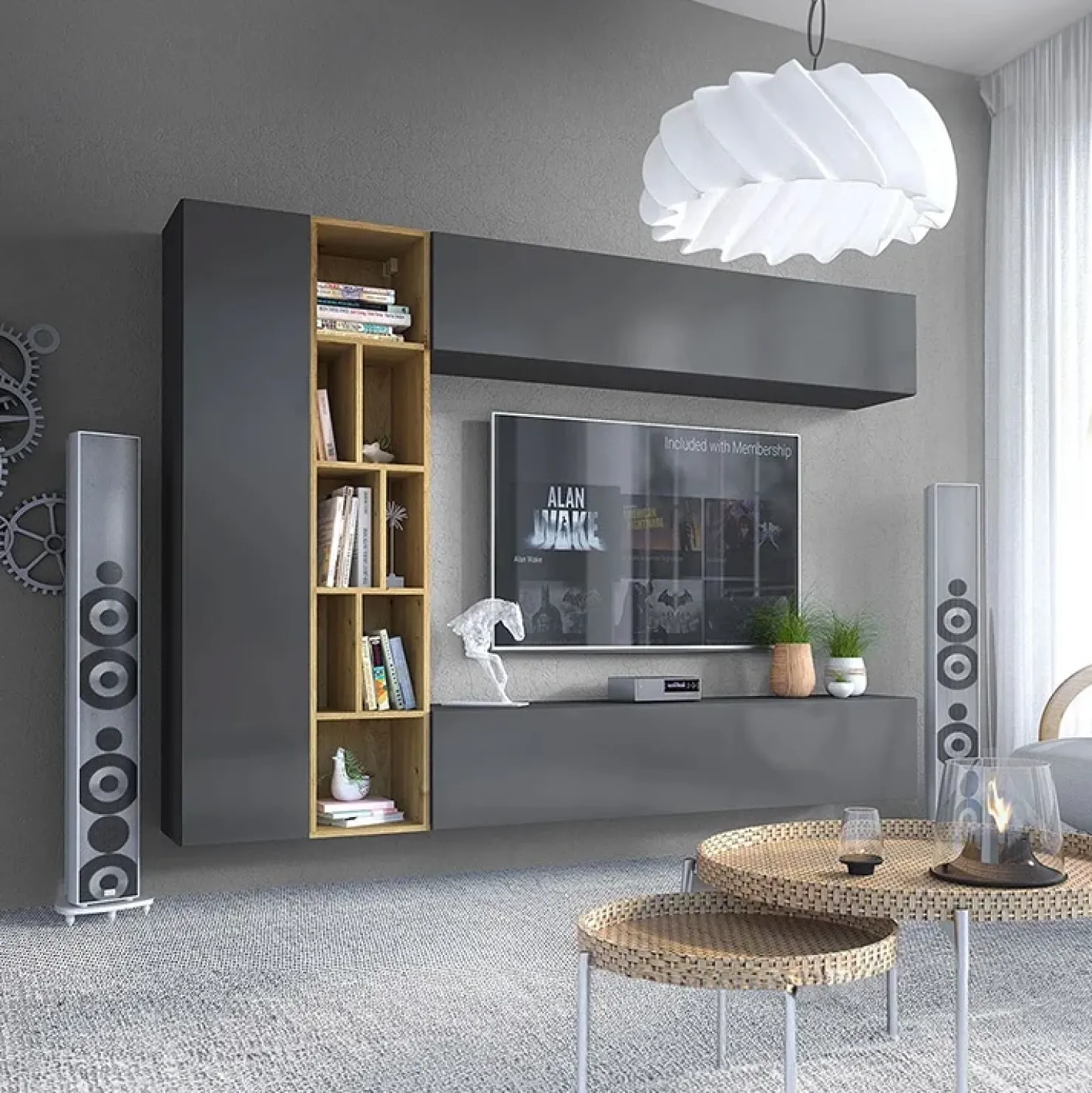 Garnero Arredamenti Parete attrezzata sospesa 224x160h cm moderna rovere Artemisia Antracite Online