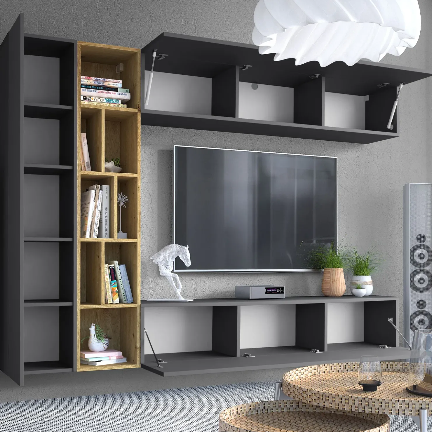 Garnero Arredamenti Parete attrezzata sospesa 224x160h cm moderna rovere Artemisia Antracite Online