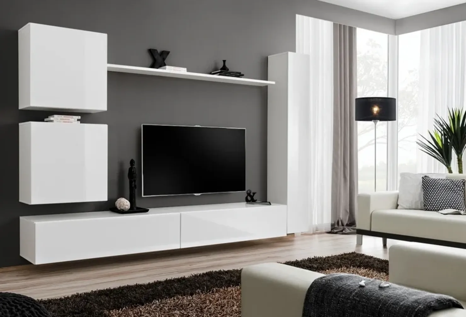 Garnero Arredamenti Parete attrezzata sospesa 280x180h cm bianco opaco e lucido Geo 07 Bianco Lucido Best