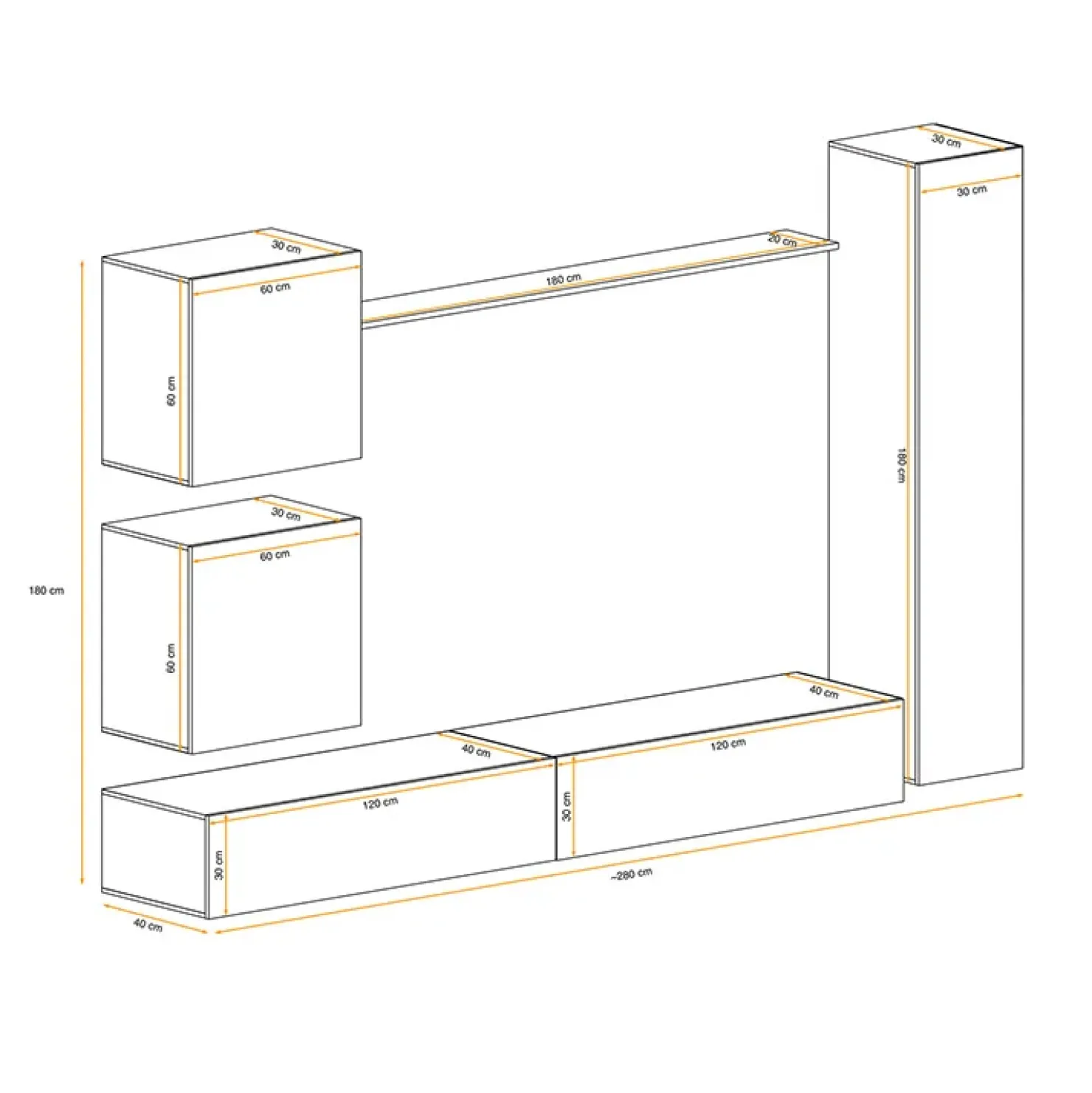 Garnero Arredamenti Parete attrezzata sospesa 280x180h cm bianco opaco e lucido Geo 07 Bianco Lucido Best