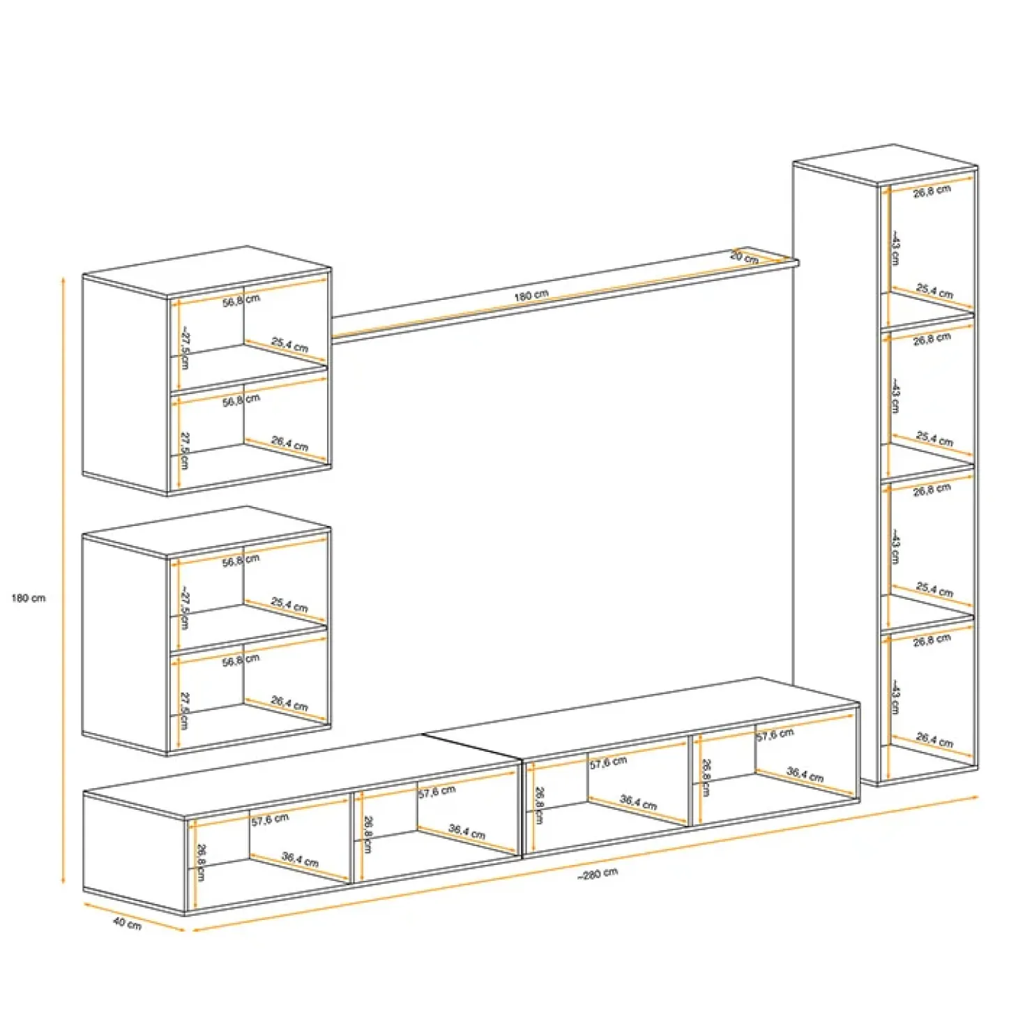 Garnero Arredamenti Parete attrezzata sospesa 280x180h cm bianco opaco e lucido Geo 07 Bianco Lucido Best
