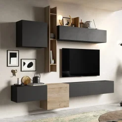 Garnero Arredamenti Parete attrezzata sospesa 262x220h cm rovere chiaro ossido nero Sunset 12 Ossido - Rovere