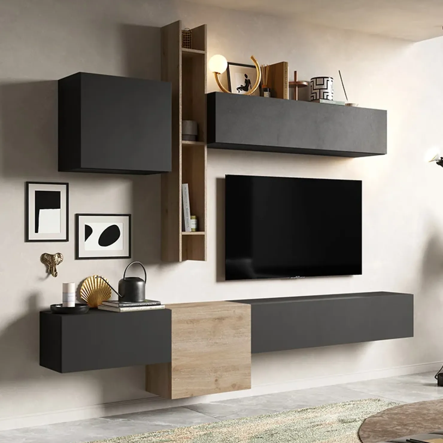 Garnero Arredamenti Parete attrezzata sospesa 262x220h cm rovere chiaro ossido nero Sunset 12 Ossido - Rovere