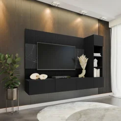 Garnero Arredamenti Parete attrezzata sospesa 220x150h cm con colonna nero cannettato effetto marmo Ilaria Nero Opaco Sale