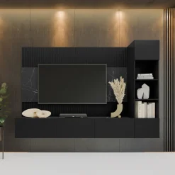 Garnero Arredamenti Parete attrezzata sospesa 220x150h cm con colonna nero cannettato effetto marmo Ilaria Nero Opaco Sale