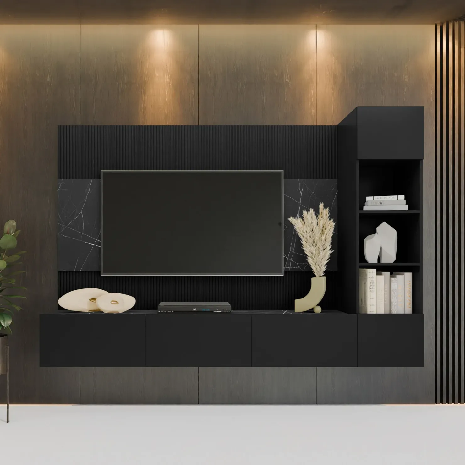 Garnero Arredamenti Parete attrezzata sospesa 220x150h cm con colonna nero cannettato effetto marmo Ilaria Nero Opaco Sale