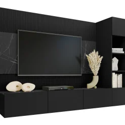 Garnero Arredamenti Parete attrezzata sospesa 220x150h cm con colonna nero cannettato effetto marmo Ilaria Nero Opaco Sale