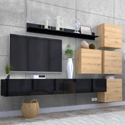 Garnero Arredamenti Parete attrezzata sospesa 300x210h cm nero lucido rovere Tempus Rovere - Nero Lucido New