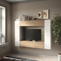 Garnero Arredamenti Parete attrezzata sospesa 196x180h cm moderna bianco lucido rovere chiaro Sunset 97 New