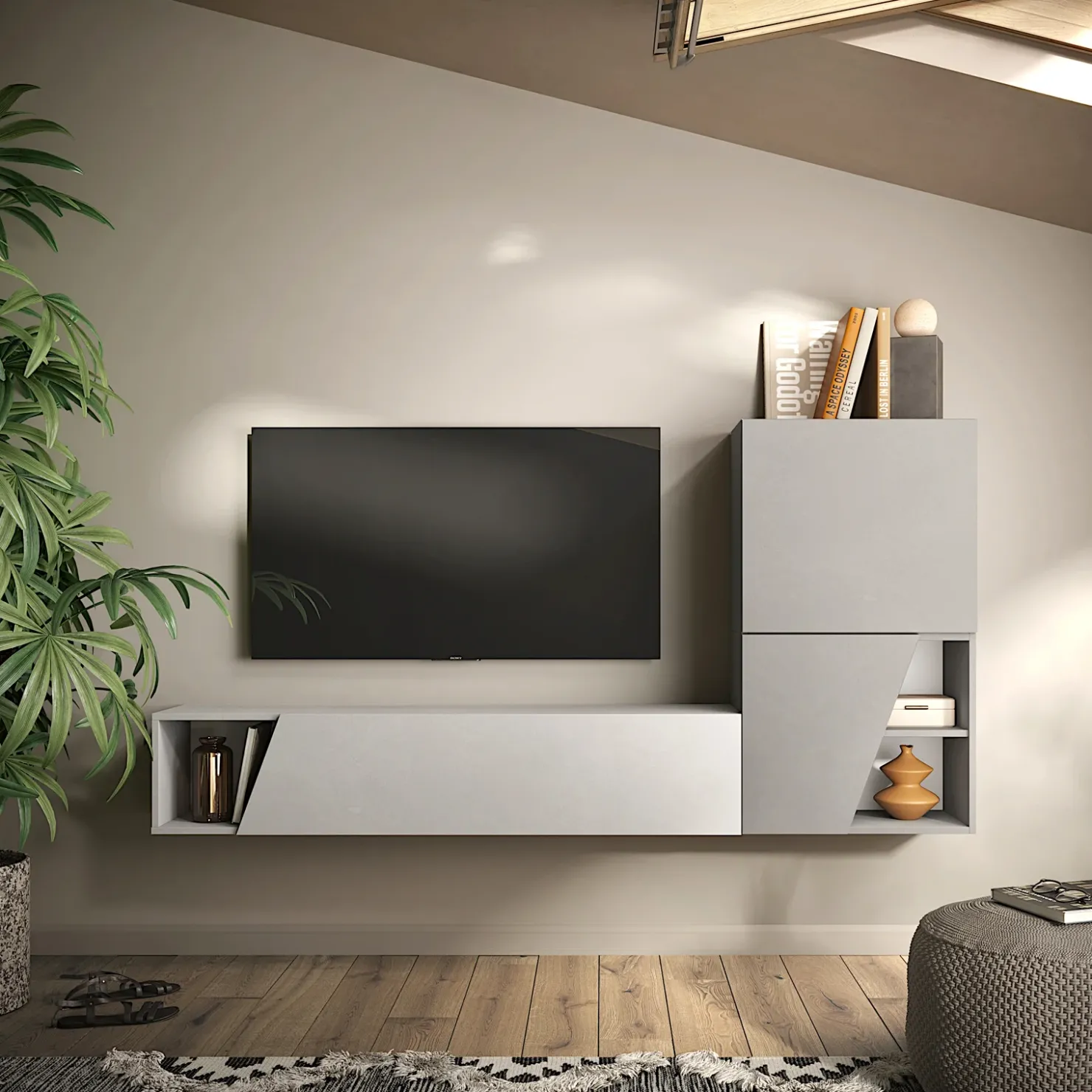 Garnero Arredamenti Parete attrezzata sospesa 193x150h cm moderna grigio chiaro e scuro Sunset 94 Sale