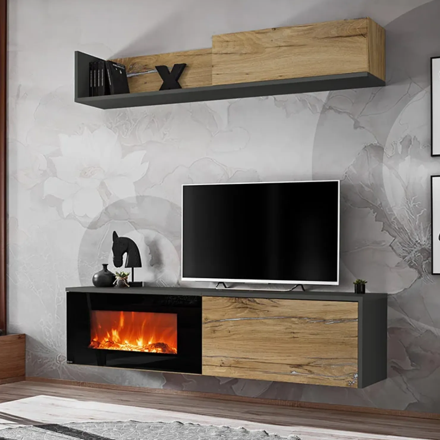 Garnero Arredamenti Parete attrezzata sospesa con caminetto elettrico 180x180h cm rovere antico antracite Botticelli Outlet