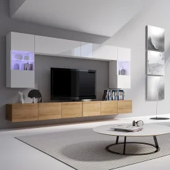 Garnero Arredamenti Parete attrezzata sospesa 300x185h cm porta tv con vetrine bianco lucido rovere Mons Rovere - Bianco Lucido Outlet