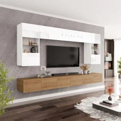 Garnero Arredamenti Parete attrezzata sospesa 300x185h cm porta tv con vetrine bianco lucido rovere Mons Rovere - Bianco Lucido Outlet