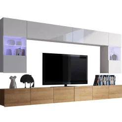 Garnero Arredamenti Parete attrezzata sospesa 300x185h cm porta tv con vetrine bianco lucido rovere Mons Rovere - Bianco Lucido Outlet