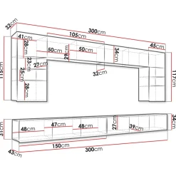 Garnero Arredamenti Parete attrezzata sospesa 300x185h cm porta tv con vetrine bianco lucido rovere Mons Rovere - Bianco Lucido Outlet