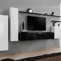 Garnero Arredamenti Parete attrezzata sospesa 330x160h cm moderna nero bianco Geo 01 Bianco Lucido - Nero Lucido Hot