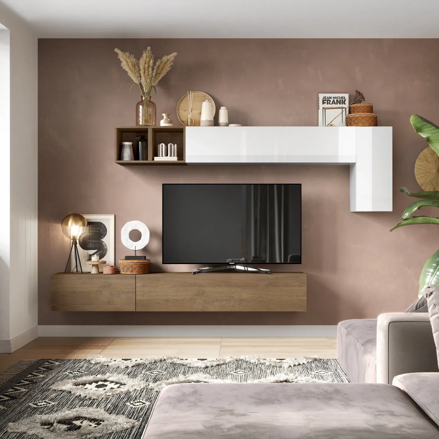 Garnero Arredamenti Parete attrezzata sospesa 276x180h cm bianco lucido rovere scuro Sunset 41 Noce - Bianco Lucido Discount