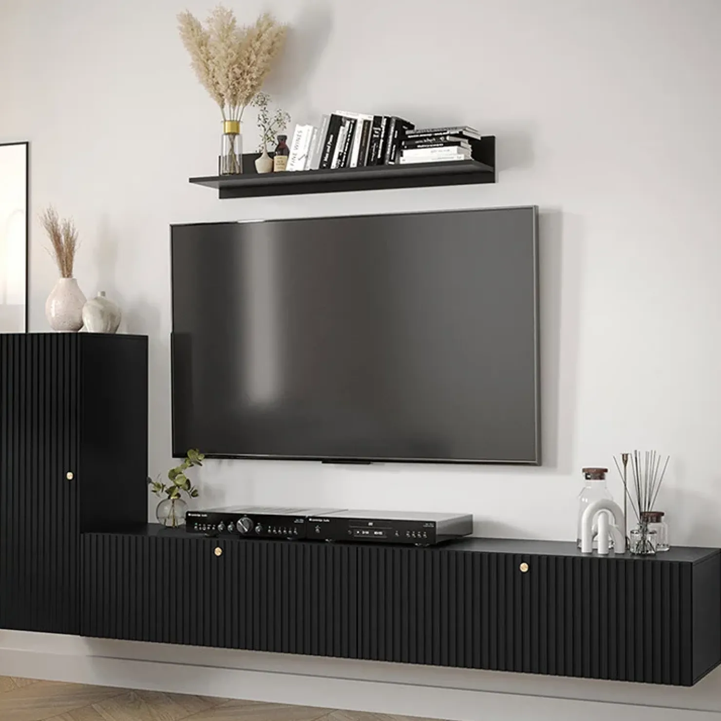 Garnero Arredamenti Parete attrezzata sospesa 134x175h cm moderna nero Kiruna Nero Opaco