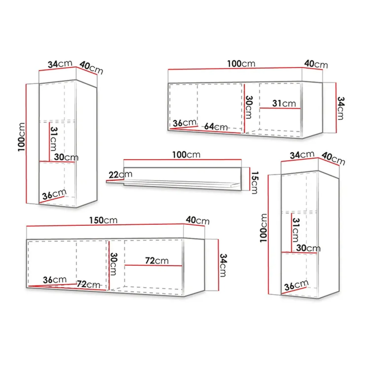 Garnero Arredamenti Parete attrezzata sospesa 134x175h cm moderna nero Kiruna Nero Opaco