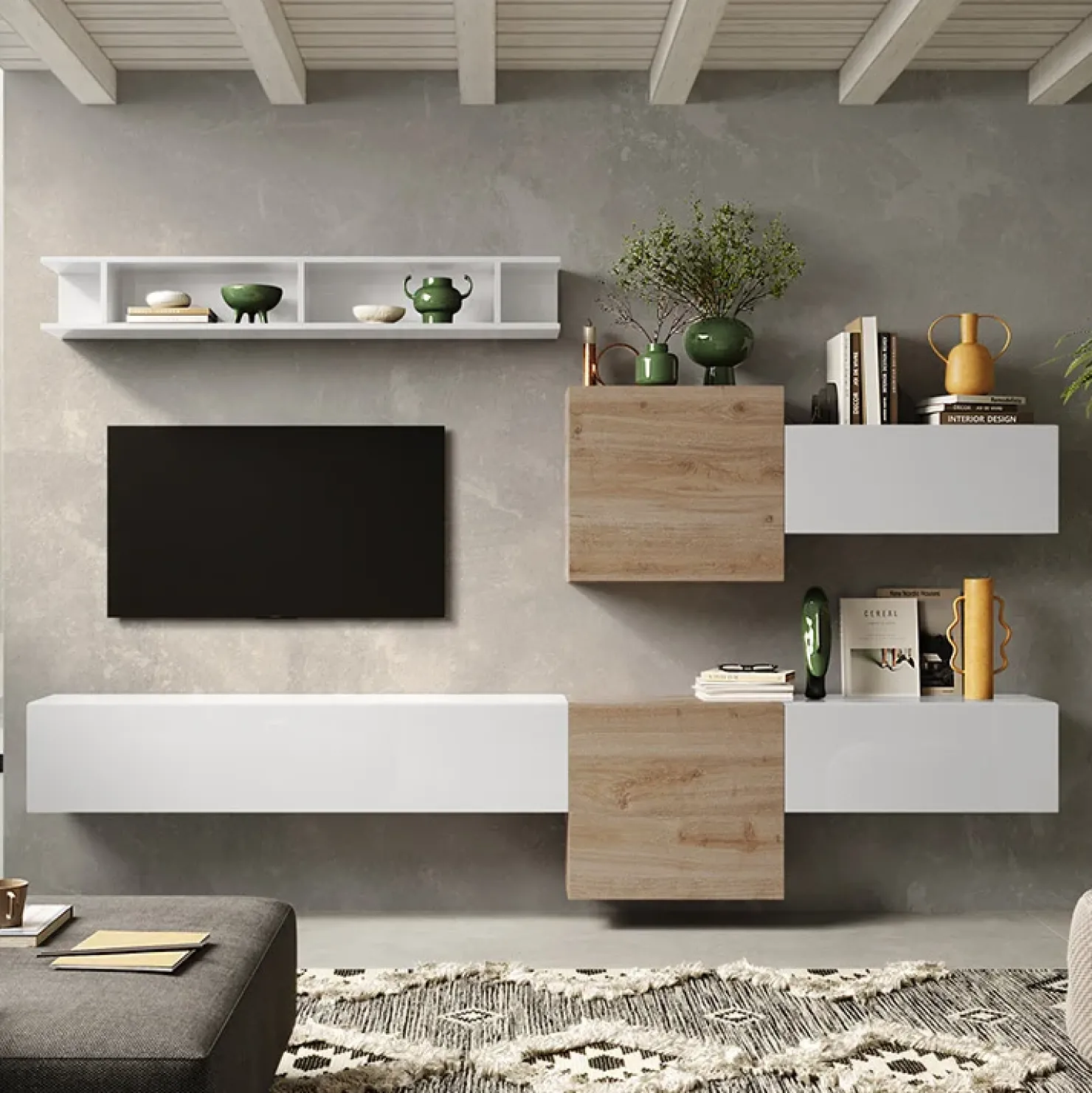 Garnero Arredamenti Parete attrezzata sospesa 262x190h cm bianco lucido rovere chiaro Sunset 22 Rovere - Bianco Lucido Discount