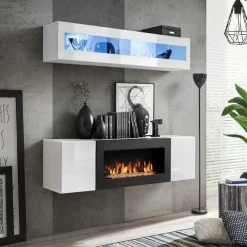 Garnero Arredamenti Parete attrezzata sospesa 160x150h cm con biocamino e vetrina bianco N Gihome® Bianco Lucido Online