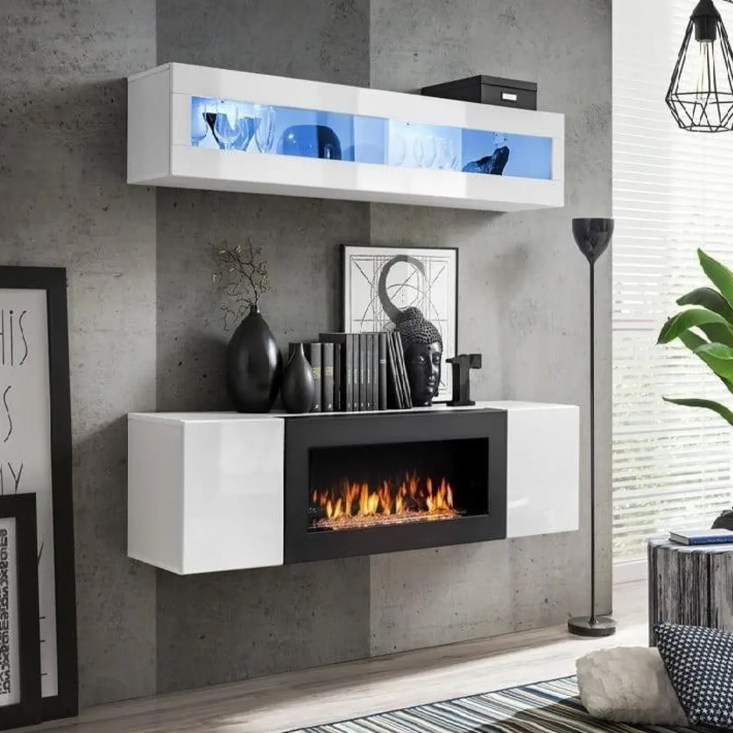 Garnero Arredamenti Parete attrezzata sospesa 160x150h cm con biocamino e vetrina bianco N Gihome® Bianco Lucido Online