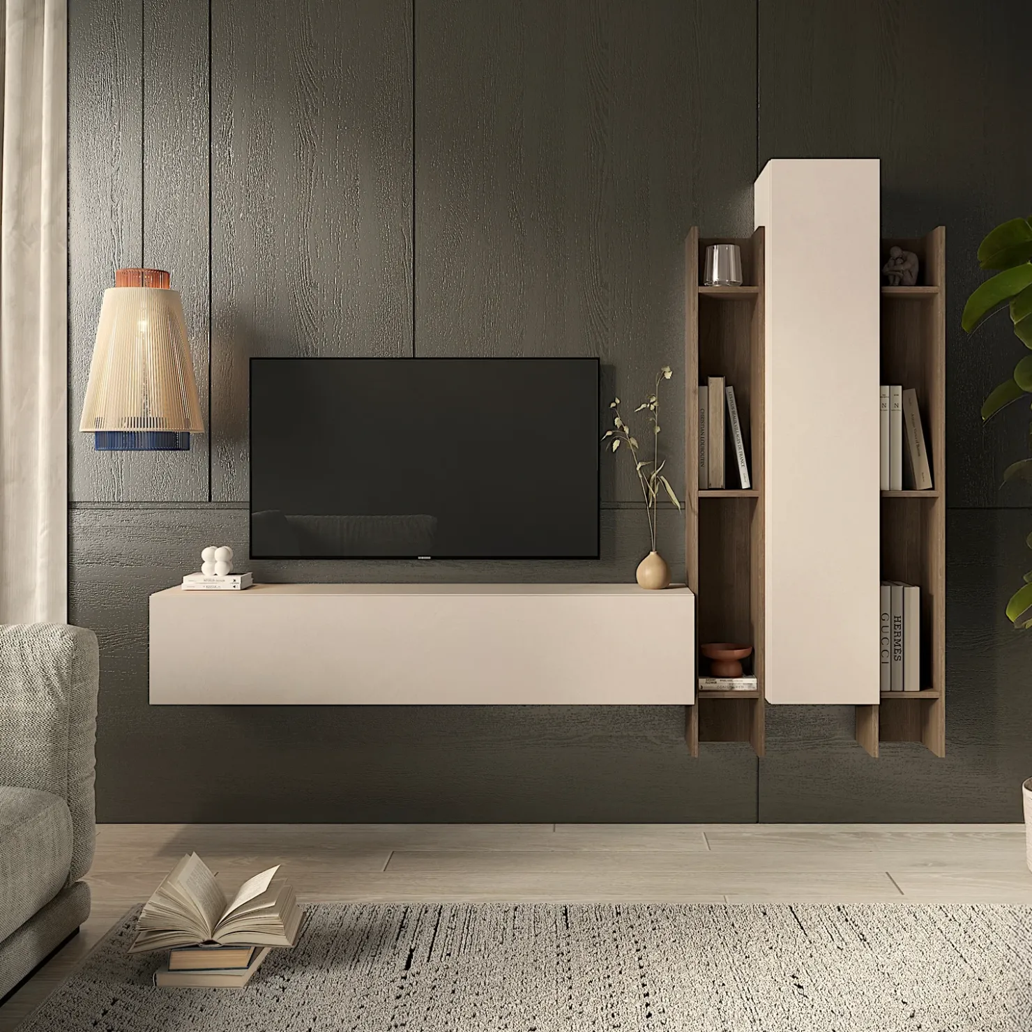 Garnero Arredamenti Parete attrezzata sospesa 205x185h cm moderna beige rovere scuro Sunset 96 Outlet