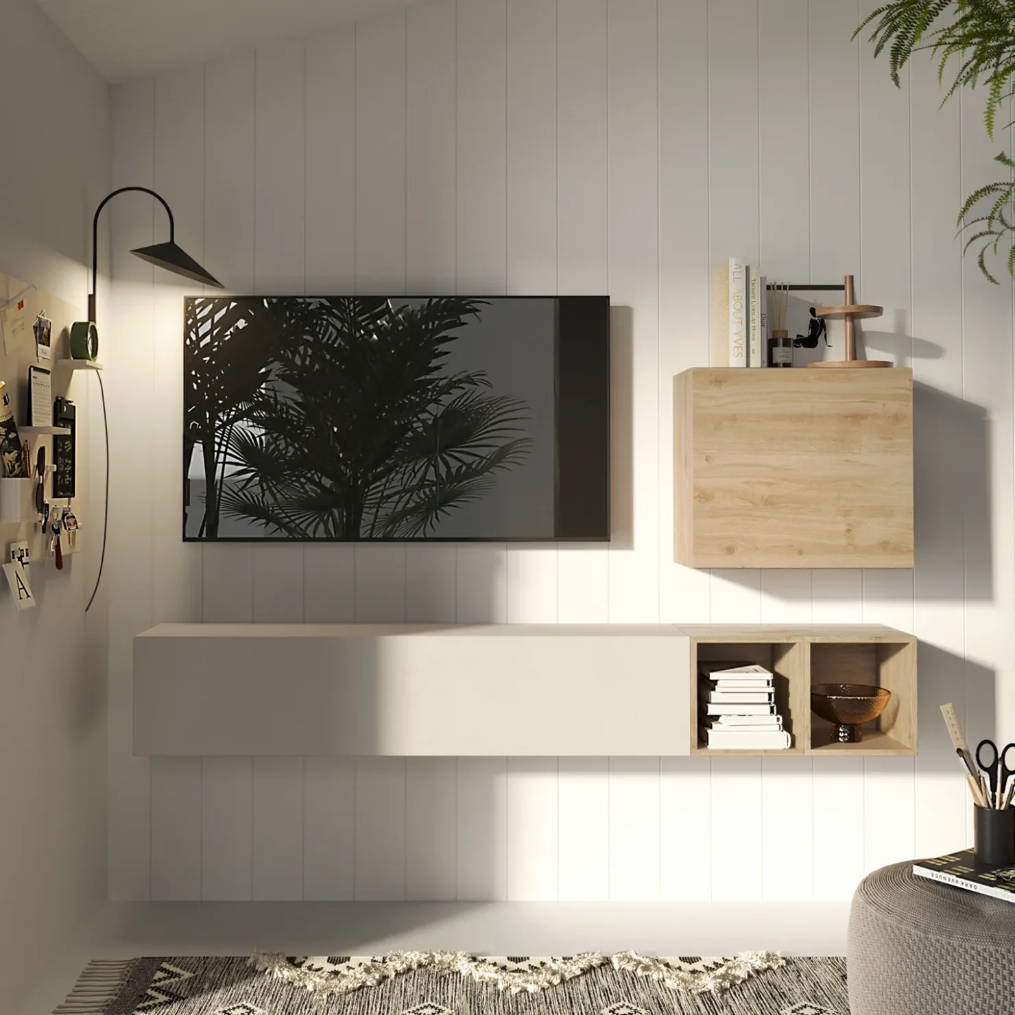 Garnero Arredamenti Parete attrezzata sospesa 194x160h cm moderna beige rovere chiaro Sunset 67 Outlet