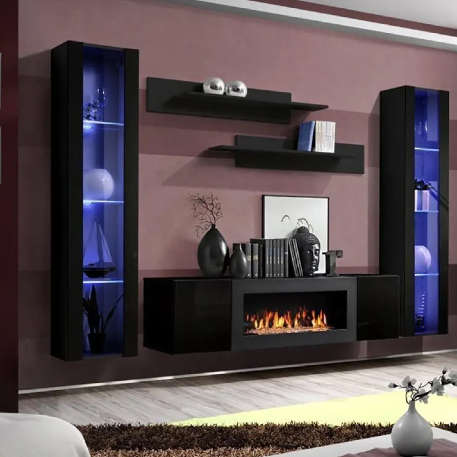 Garnero Arredamenti Parete attrezzata sospesa 260x170h cm con biocamino e vetrine intere nero M Gihome® Nero Lucido Hot