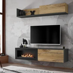 Garnero Arredamenti Parete attrezzata sospesa 180x150h cm con caminetto bioetanolo rovere antico antracite Botticelli Outlet
