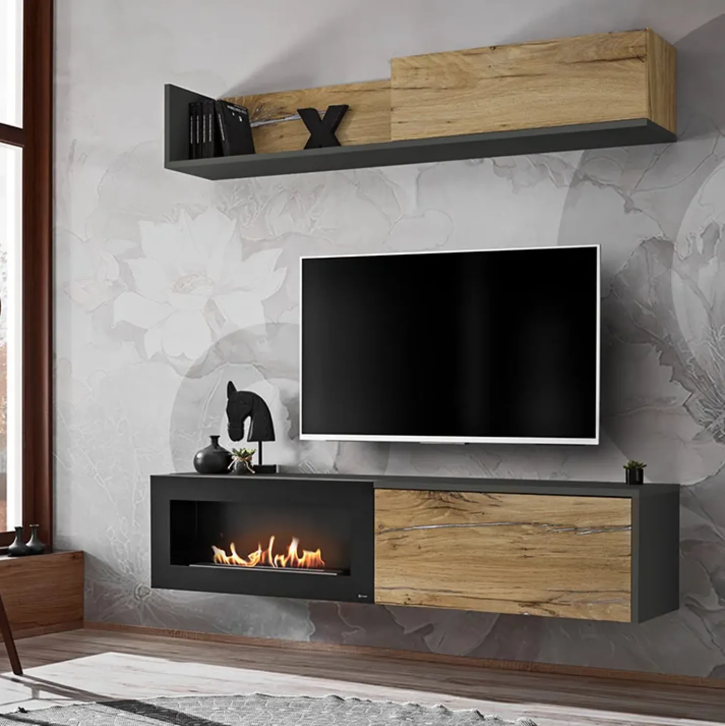 Garnero Arredamenti Parete attrezzata sospesa 180x150h cm con caminetto bioetanolo rovere antico antracite Botticelli Outlet