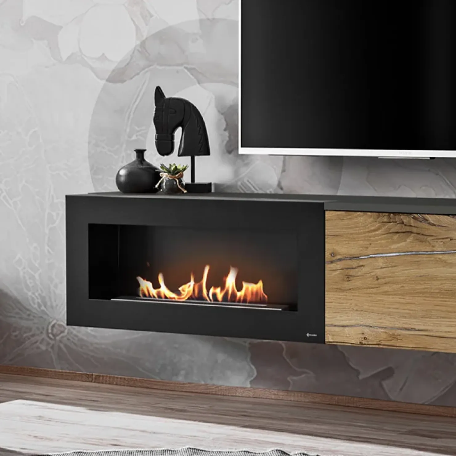 Garnero Arredamenti Parete attrezzata sospesa 180x150h cm con caminetto bioetanolo rovere antico antracite Botticelli Outlet