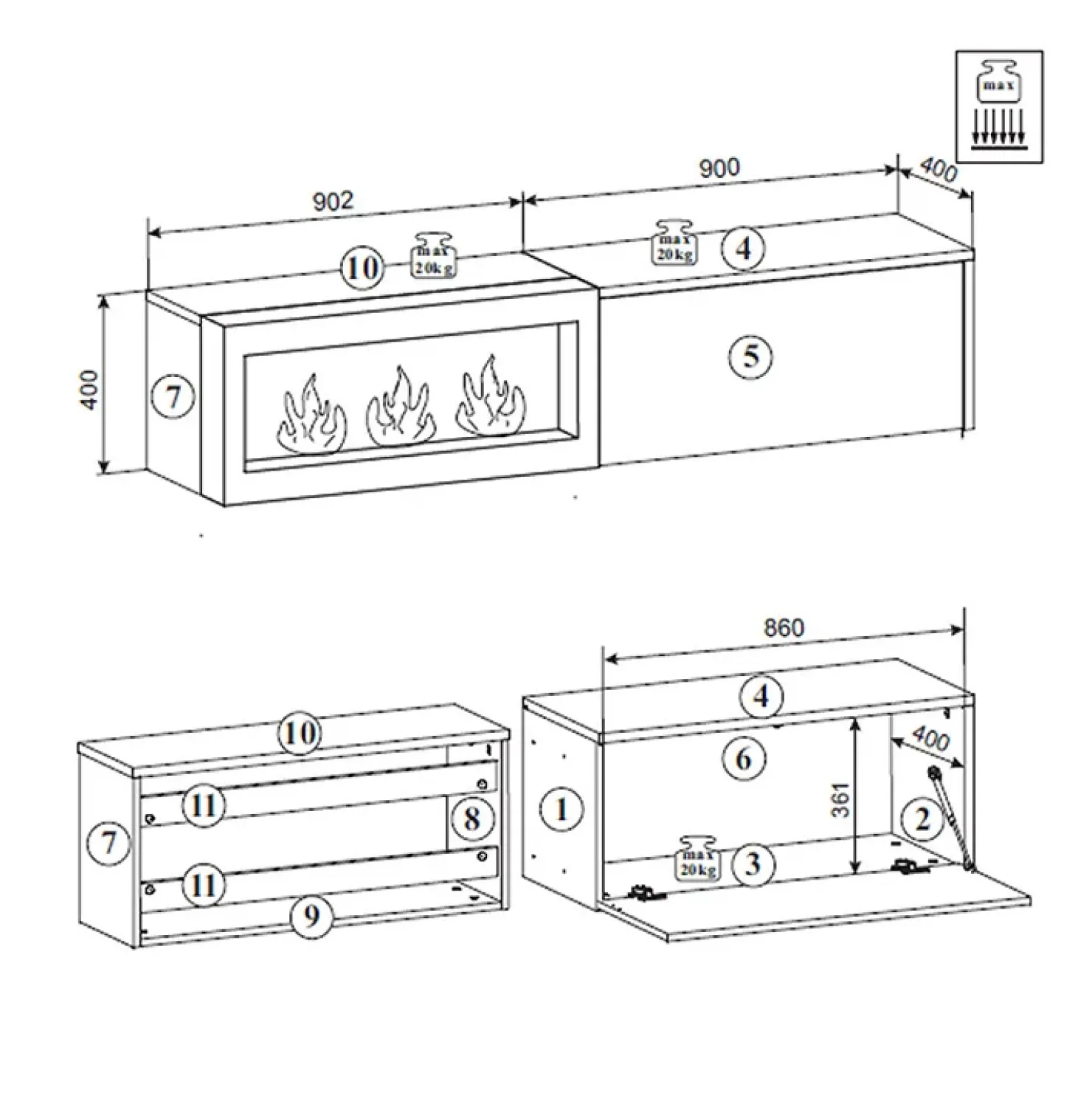 Garnero Arredamenti Parete attrezzata sospesa 180x150h cm con caminetto bioetanolo rovere antico antracite Botticelli Outlet