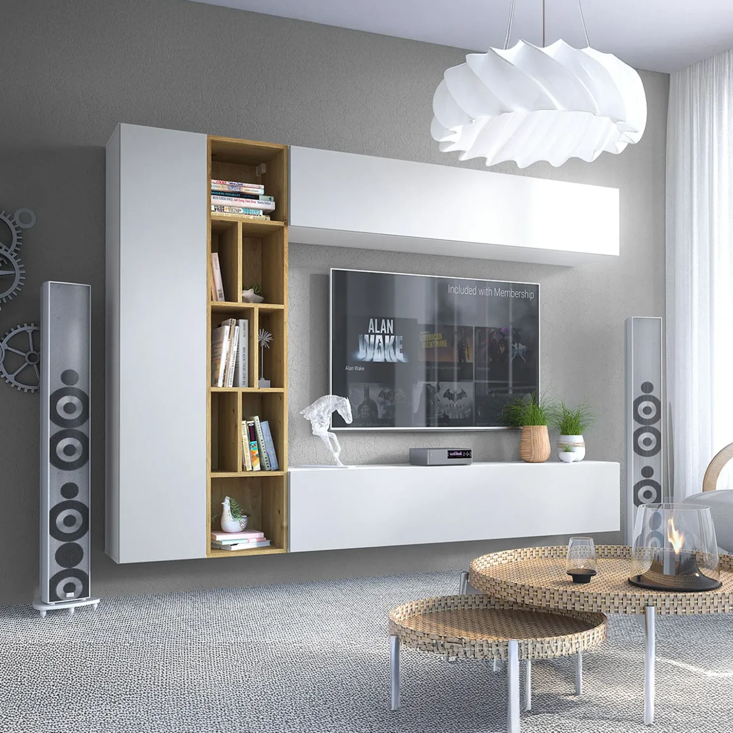 Garnero Arredamenti Parete attrezzata sospesa 224x160h cm moderna bianco rovere Artemisia Bianco Opaco Online