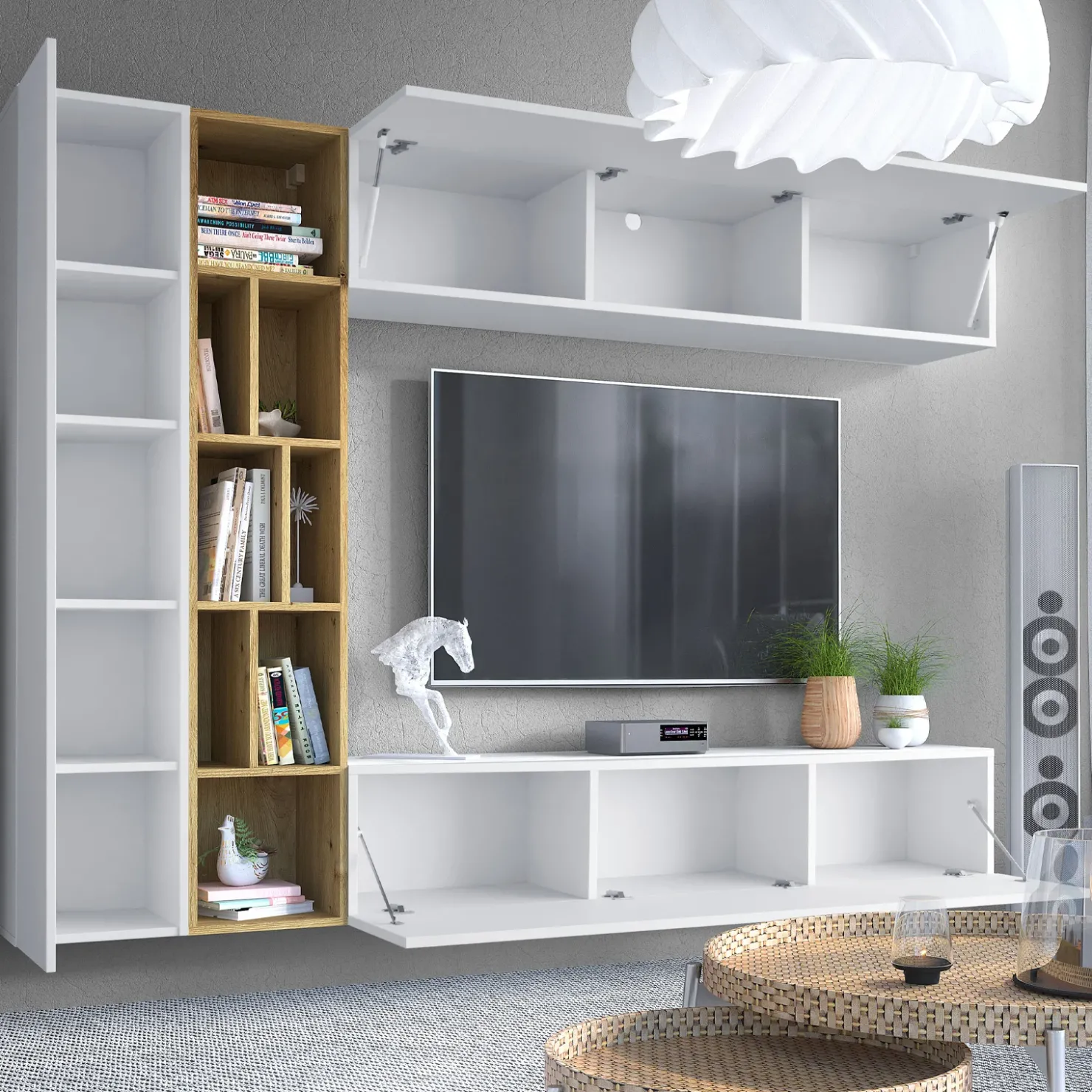 Garnero Arredamenti Parete attrezzata sospesa 224x160h cm moderna bianco rovere Artemisia Bianco Opaco Online