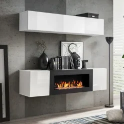 Garnero Arredamenti Parete attrezzata sospesa 160x150h cm con biocamino bianco N Gihome® Bianco Lucido