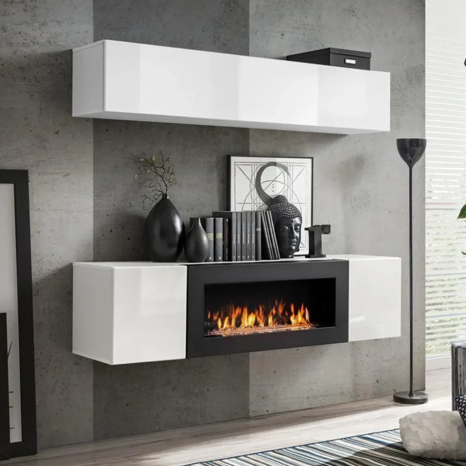 Garnero Arredamenti Parete attrezzata sospesa 160x150h cm con biocamino bianco N Gihome® Bianco Lucido