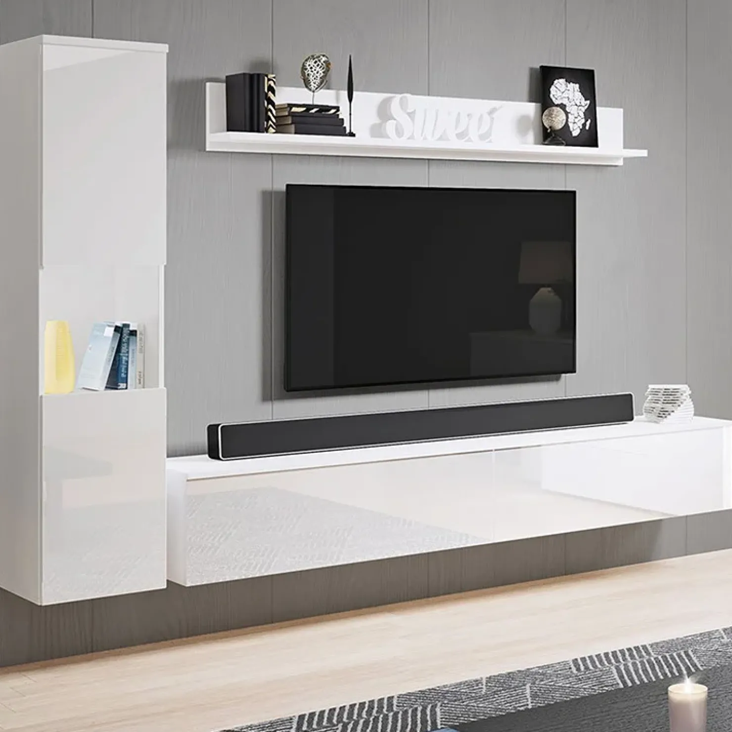 Garnero Arredamenti Parete attrezzata sospesa 210x130h cm bianco lucido Lamia Online