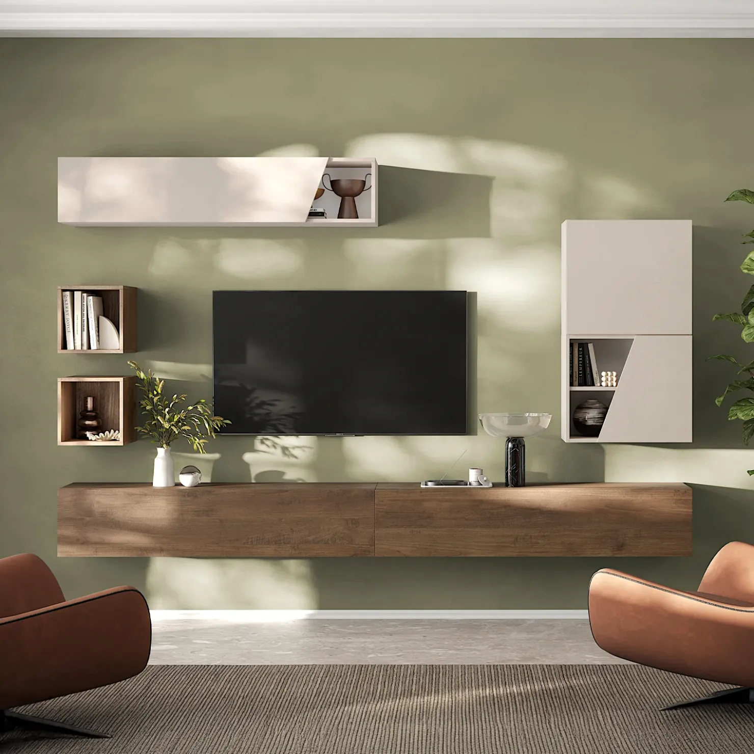 Garnero Arredamenti Parete attrezzata sospesa 276x210h cm moderna beige rovere scuro Sunset 75