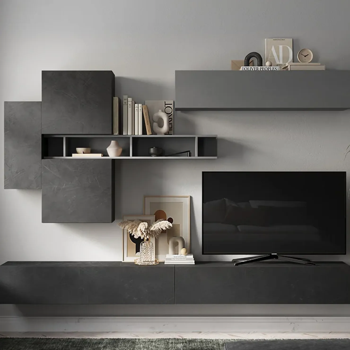 Garnero Arredamenti Parete attrezzata sospesa 276x190h cm moderna grigio scuro antracite Sunset 44 Antracite - Grigio Best