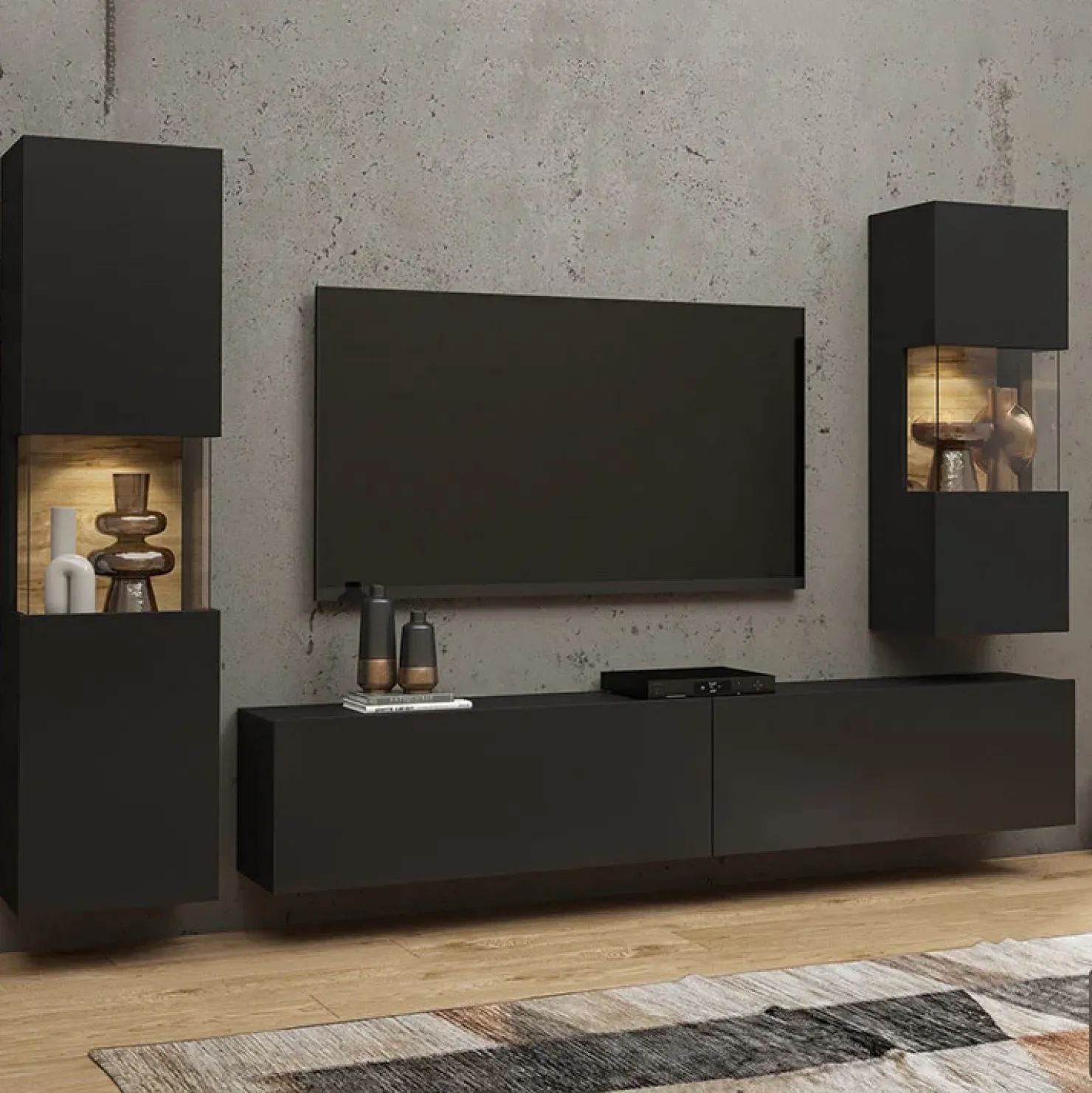 Garnero Arredamenti Parete attrezzata sospesa 226x140h cm nero rovere Fusion 2 Nero Opaco New