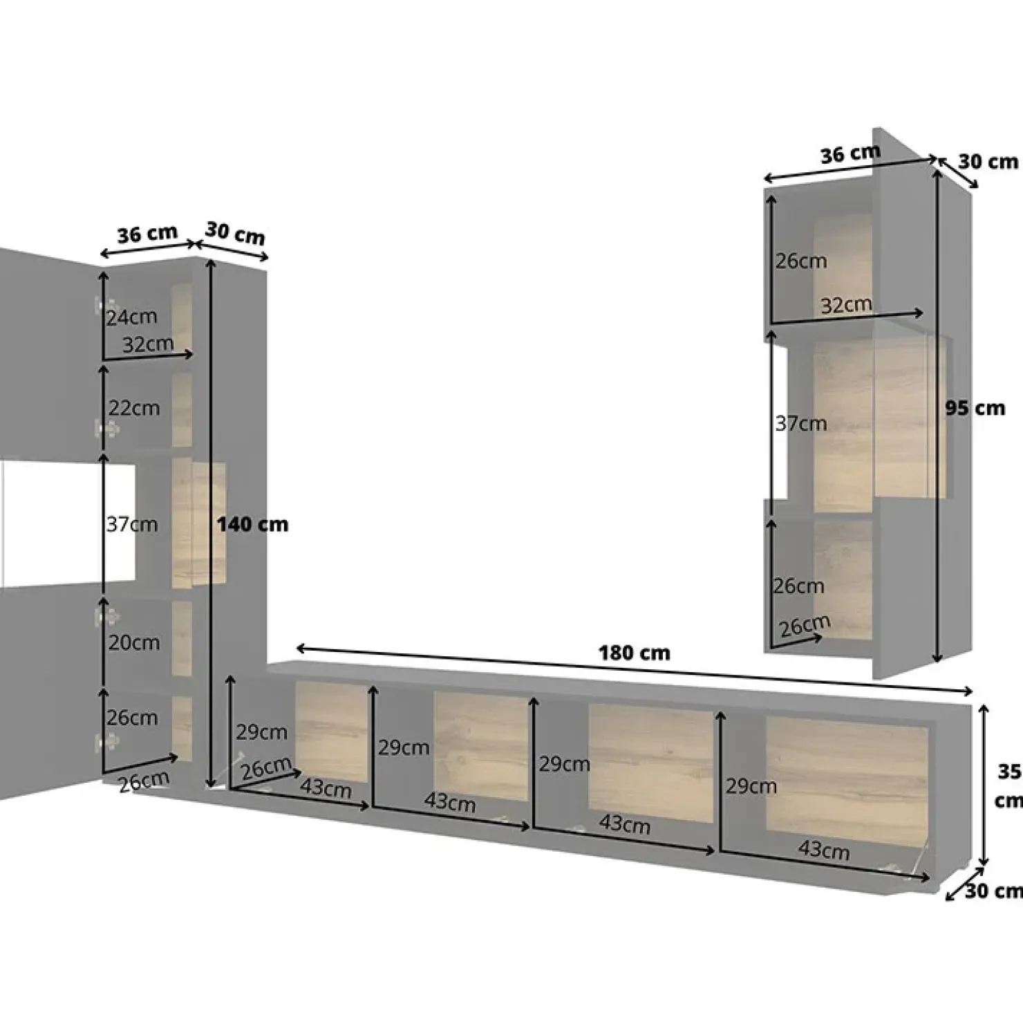 Garnero Arredamenti Parete attrezzata sospesa 226x140h cm nero rovere Fusion 2 Nero Opaco New