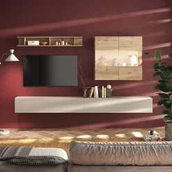 Garnero Arredamenti Parete attrezzata sospesa 276x202h cm moderna beige rovere chiaro Sunset 70 Outlet