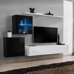 Garnero Arredamenti Parete attrezzata sospesa 250x150h cm moderna bianco nero lucido Geo 13 Outlet