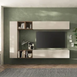 Garnero Arredamenti Parete attrezzata sospesa 223x195h cm moderna beige rovere scuro Sunset 83 New