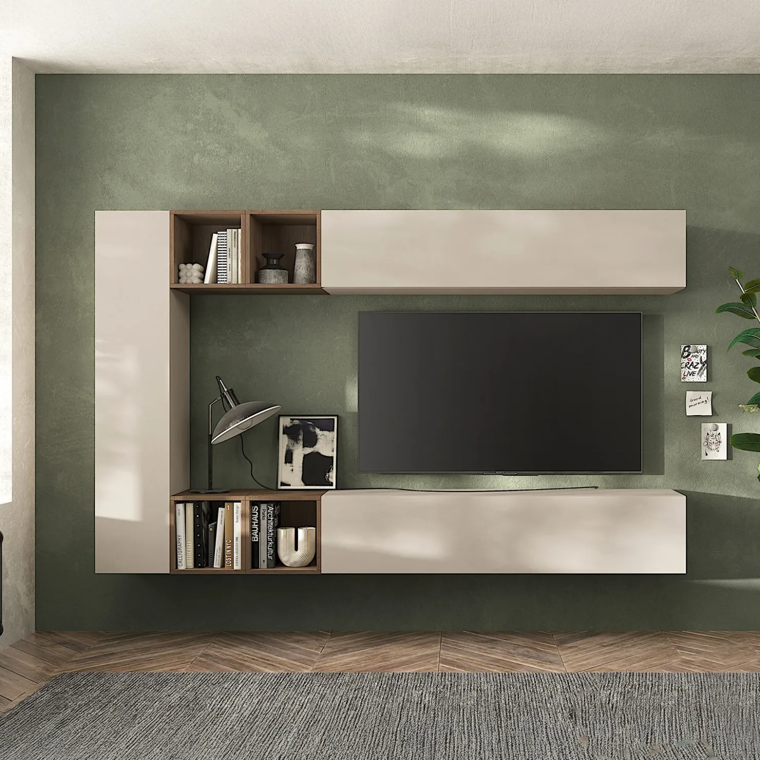 Garnero Arredamenti Parete attrezzata sospesa 223x195h cm moderna beige rovere scuro Sunset 83 New